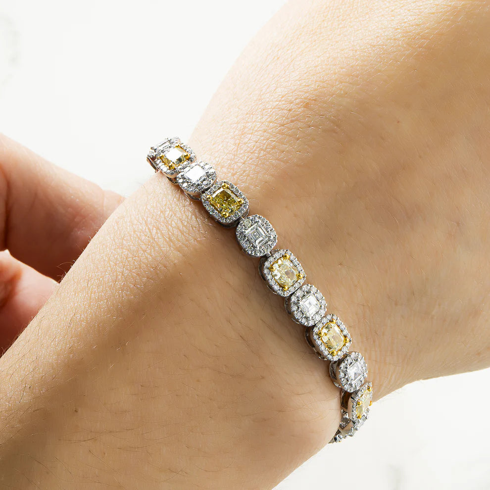 2 Carat Asscher & Cushion Cut Fancy Yellow Diamond Bracelet in 14K White & Yellow Gold