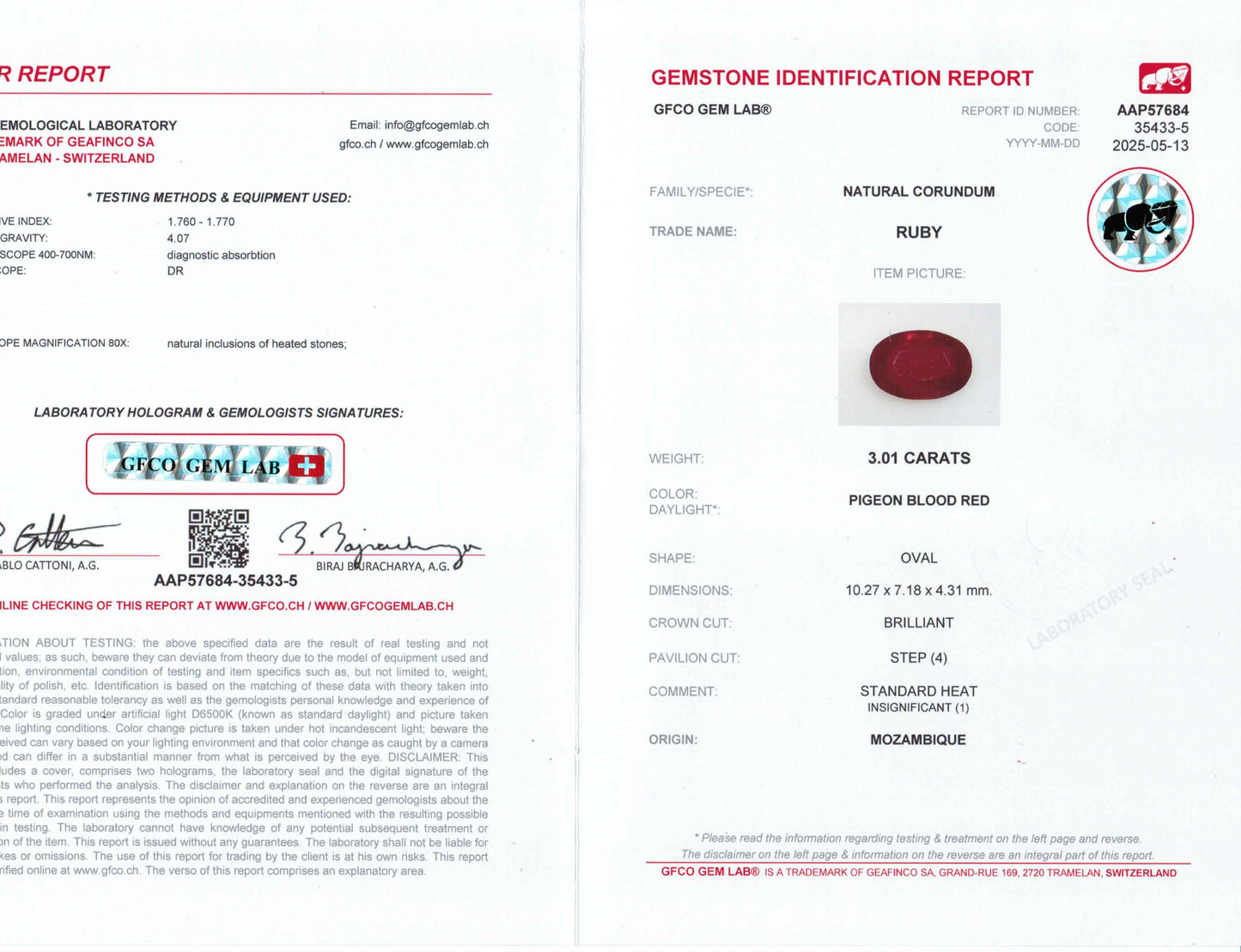 3.01 Carats Oval Cut Heat Pigeon Blood Red Ruby Loose Gemstone GFCO Certification