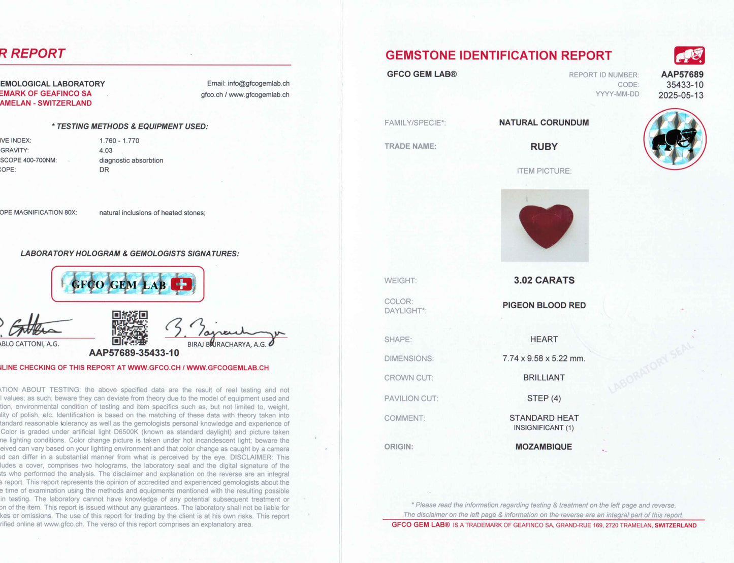 3.02 Carats Heart Cut Heat Pigeon Blood Red Ruby Loose Gemstone GFCO Certification