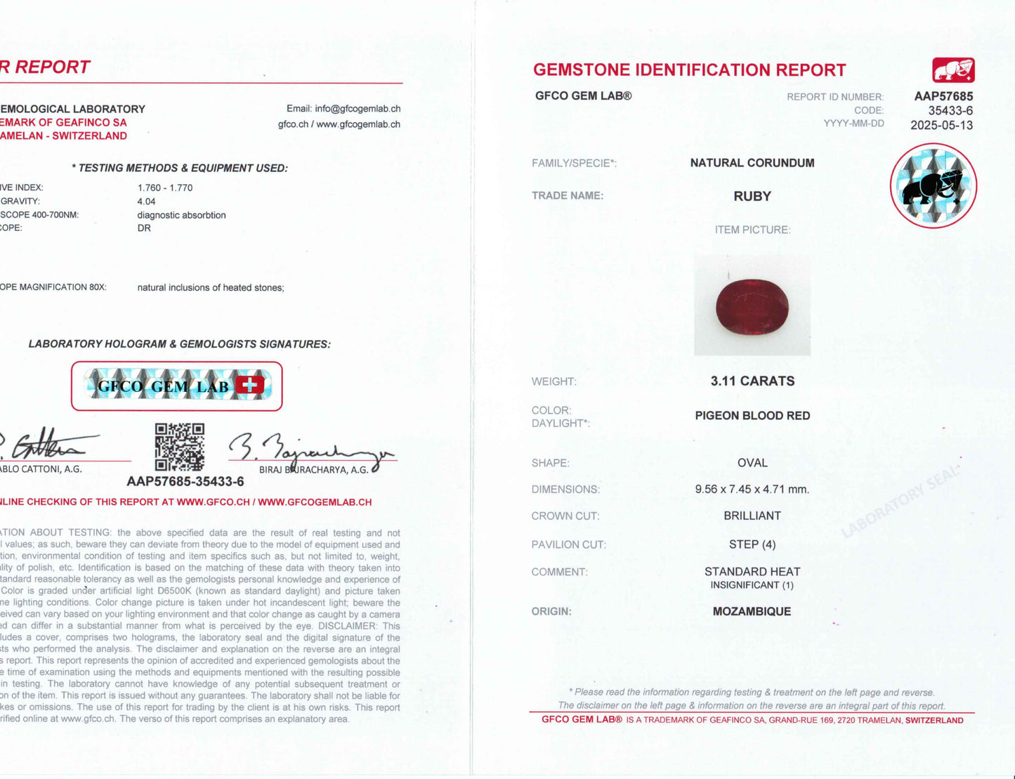 3.11 Carats Oval Cut Heat Pigeon Blood Red Ruby Loose Gemstone GFCO Certification