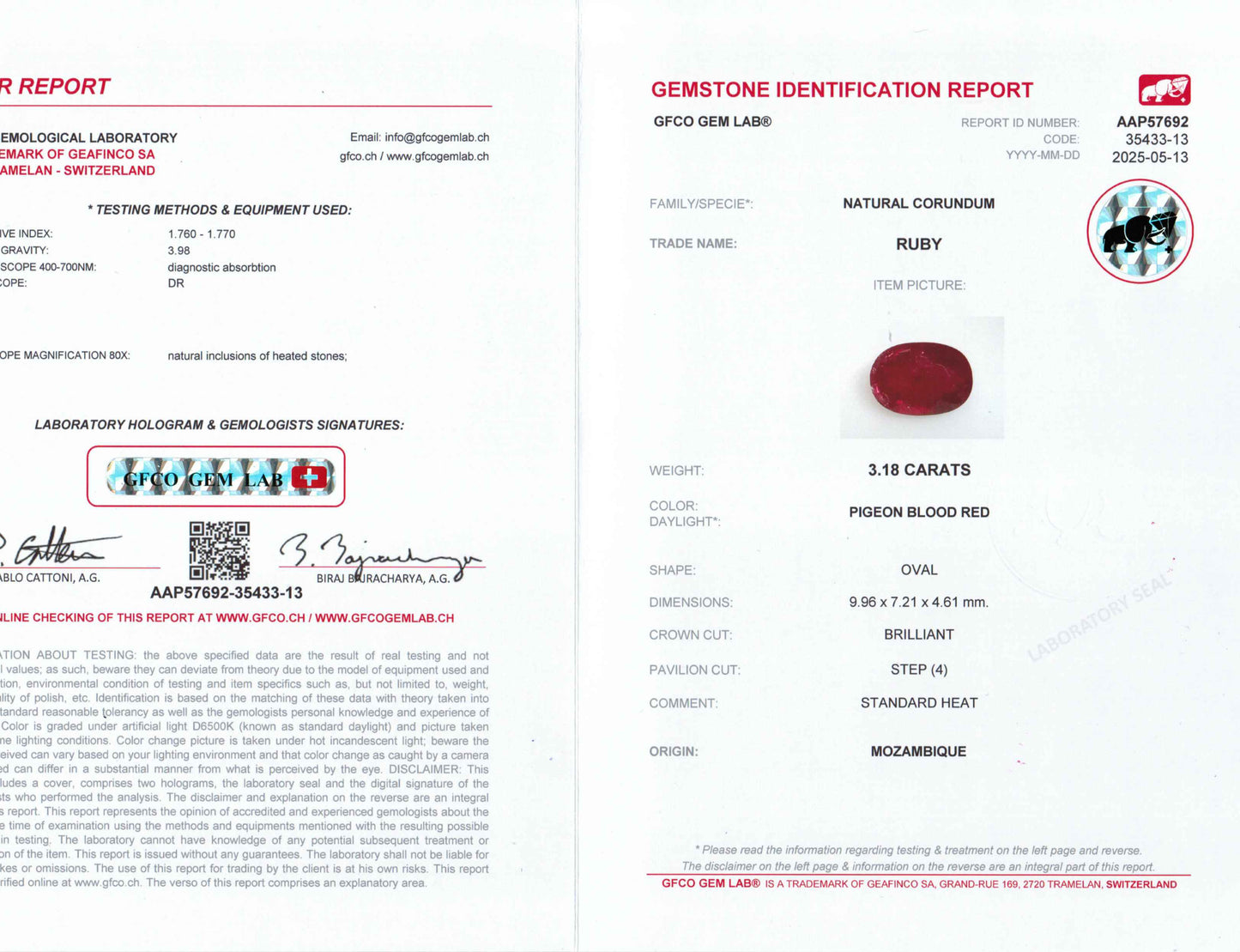 3.18 Carats Oval Cut Heat Pigeon Blood Red Ruby Loose Gemstone GFCO Certification