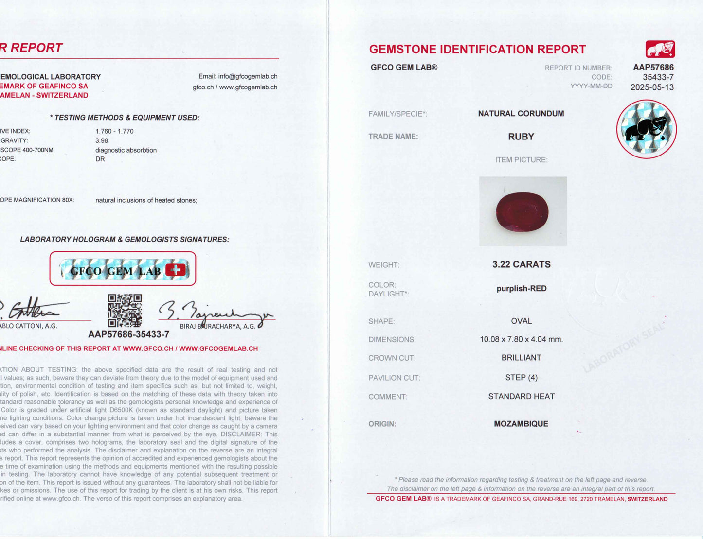 3.22 Carats Oval Cut Heat Purplish Red Ruby Loose Gemstone GFCO Certification