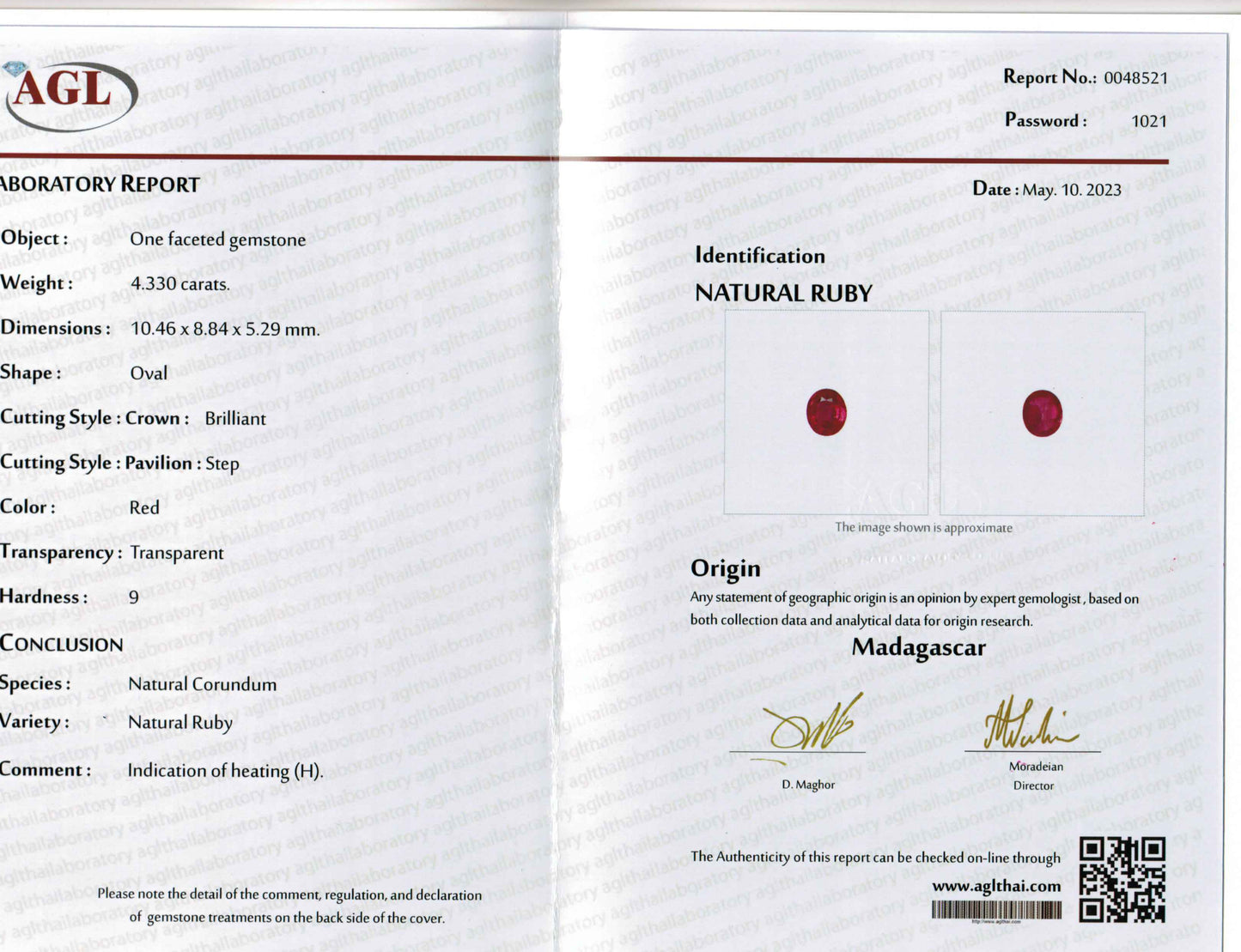 4.33 Carats Oval Cut Heat Red Ruby Loose Gemstone AGL