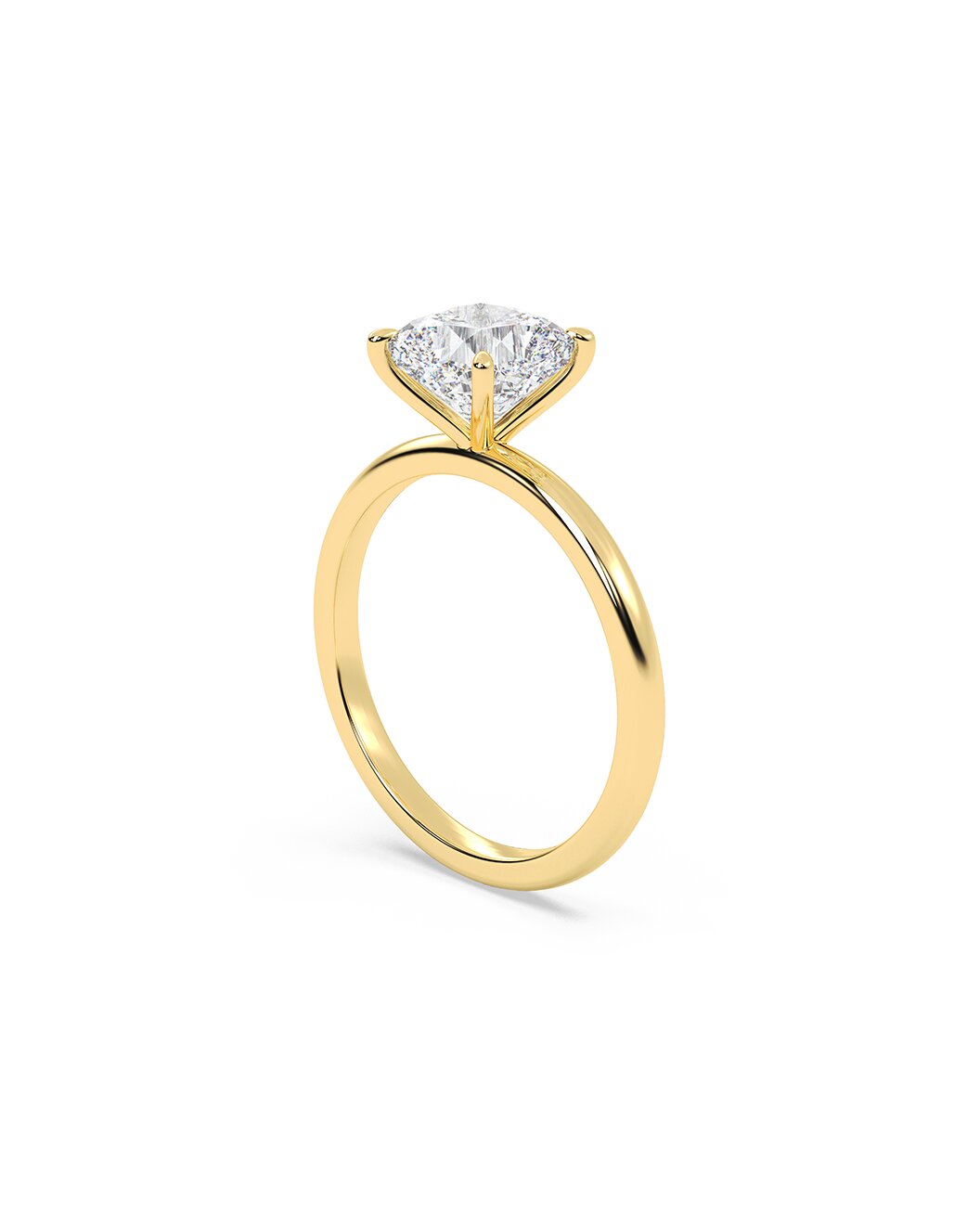 Gold ring with a cushion-shaped diamond on a white background