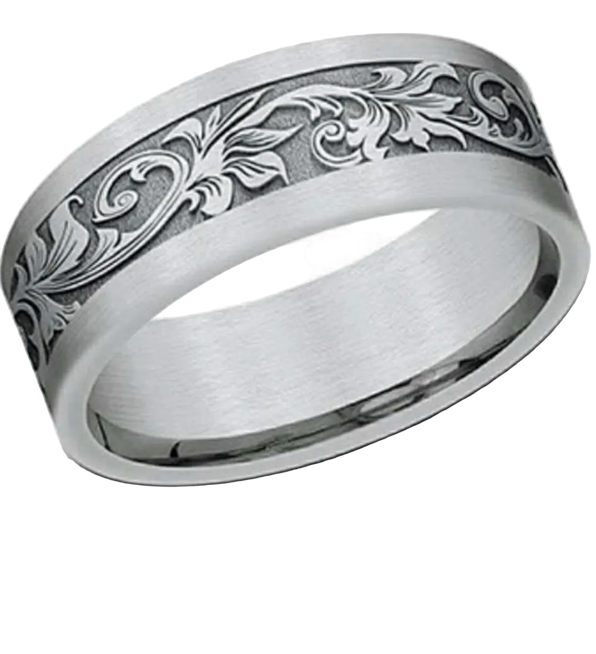 Men’s bedding band with floral design, 10kt white gold 7 mm size 13