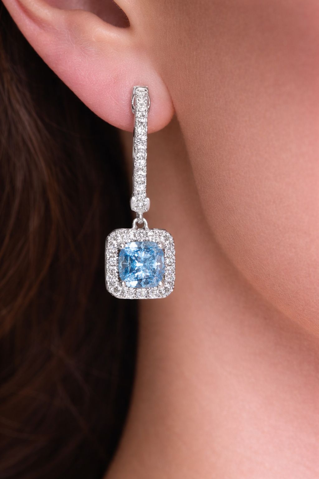 Andie 3 Carats Cushion Cut Lab Grown Fancy Vivid Blue Diamond Drop Earrings in 18K White Gold