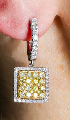 Benicia 2 Carats Round Fancy Yellow Diamond Square Drop Earrings in 18K White Gold Wear