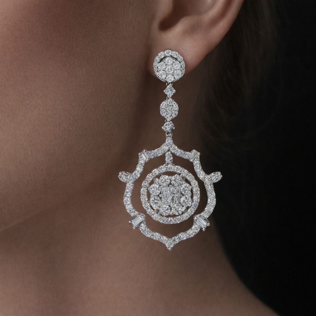 Berlin 5 Carats Round and Baguette Diamond Drop Earrings in 18K White Gold
