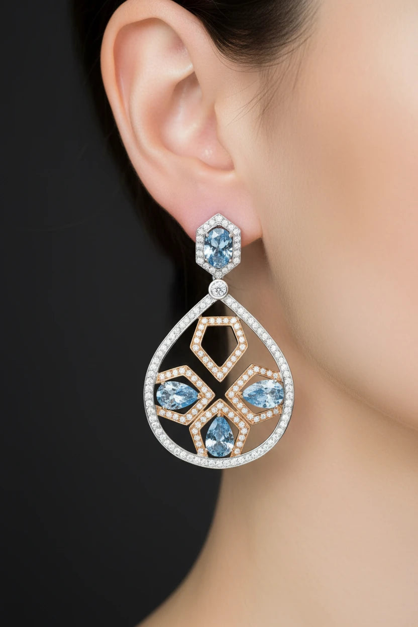 Blue Diamond Geometric Drop Earrings