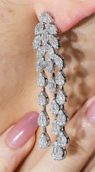 Bowie 5 Carats Baguette and Round Diamond Three Tier Raindrop Earrings in 14K White Gold Wear