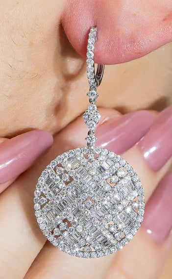 Brioni 7 Carats Round and Baguette Diamond Circle Drop Earrings in 14K White Gold Wear