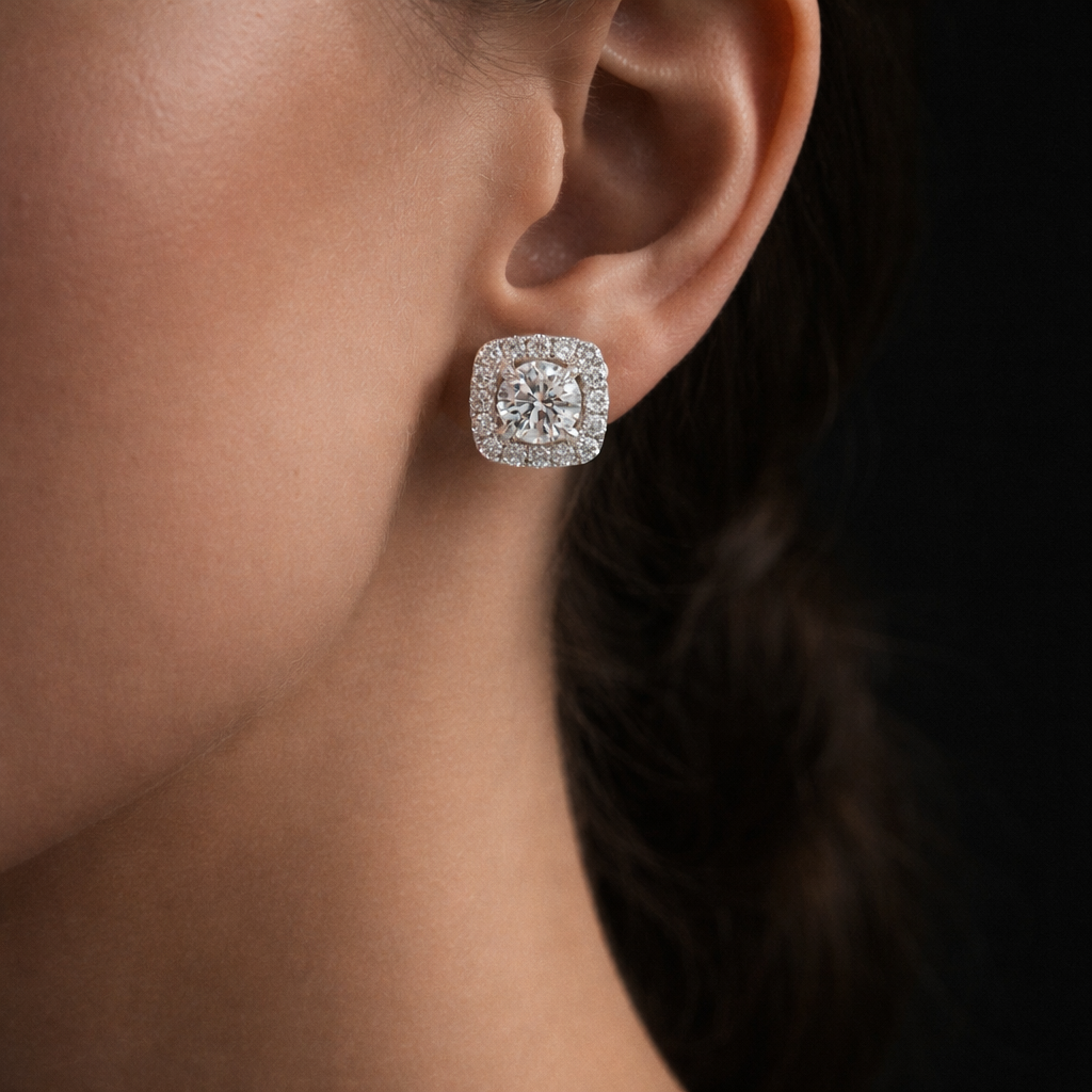 Calantha 3 Carats Square Shape Round Diamond Stud Earrings in 14K White Gold On Ear