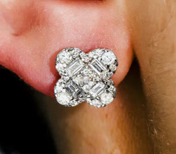 Cally 1 Carat Emerald & Round Clover Diamond Stud Earrings in 14K White Gold Wear