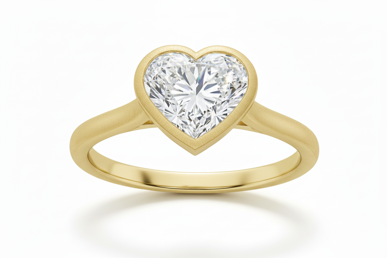Gold ring with a heart-shaped diamond on a light gray background