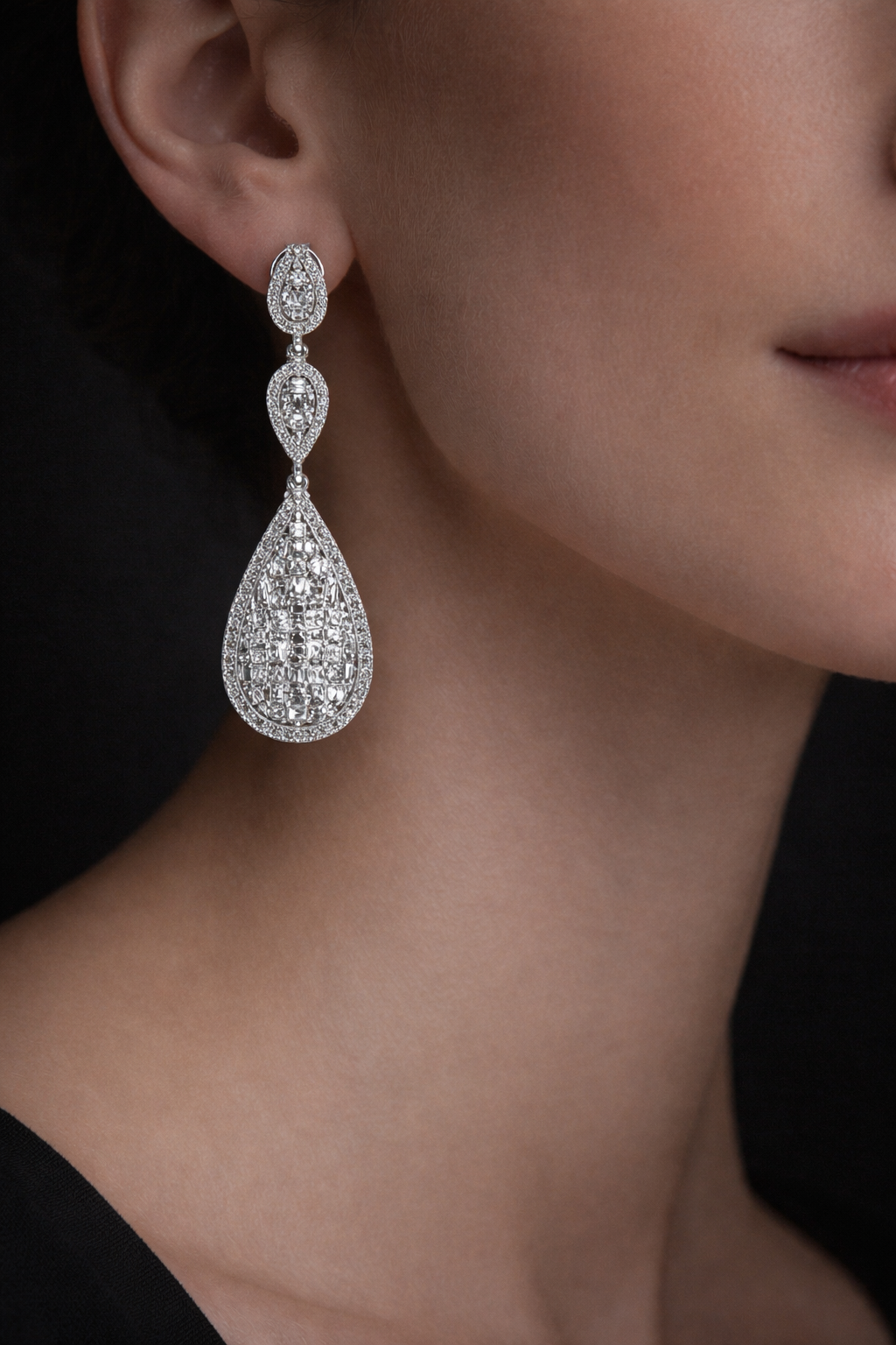 Cerese 3 Carats Round and Asscher Cut Diamond Tier Drop Earrings in 14K White Gold