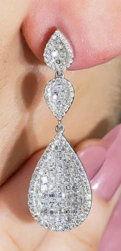 Cerese 3 Carats Round and Asscher Cut Diamond Tier Drop Earrings in 14K White Gold Wear