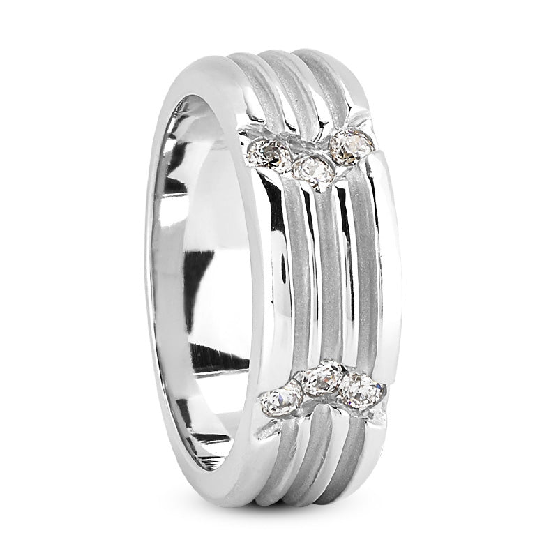 Ribbed Men's Diamond Wedding Ring Round Cut Layered Set Ring in 14K White Gold