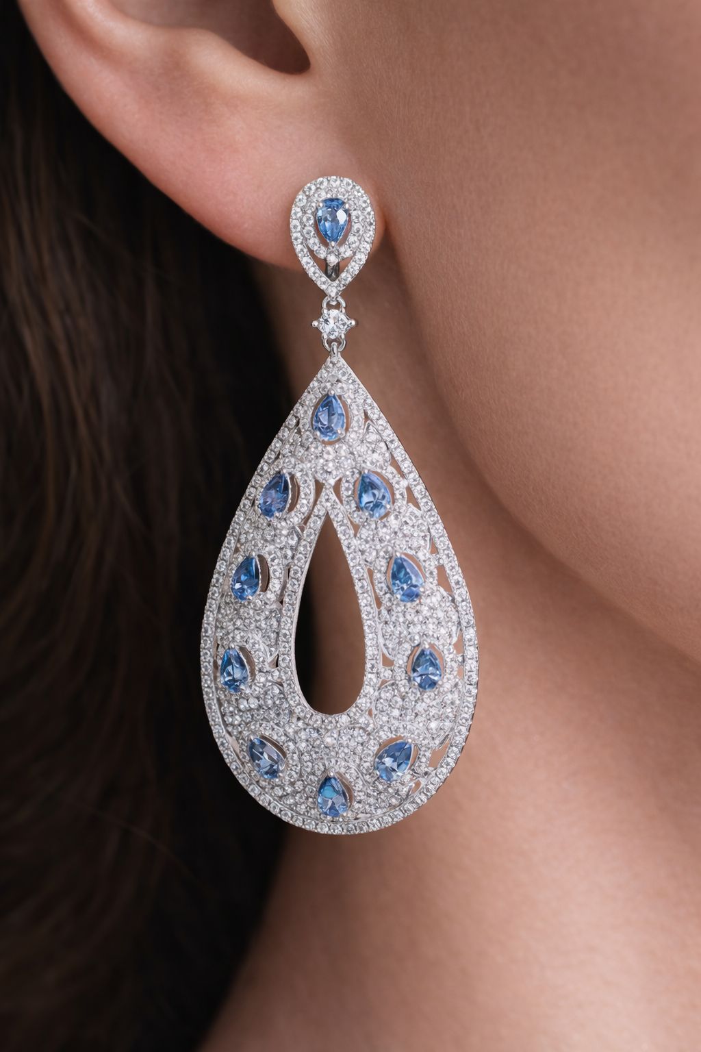 Delilah 12 Carats Lab Grown Blue Diamond Raindrop Earrings in 18K White Gold