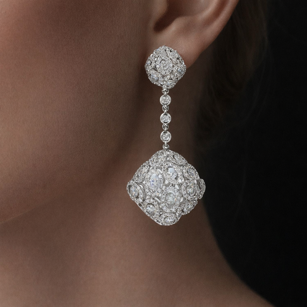 Etta 12 Carats Round Cut Detailed Diamond Drop Earrings in 18K White Gold
