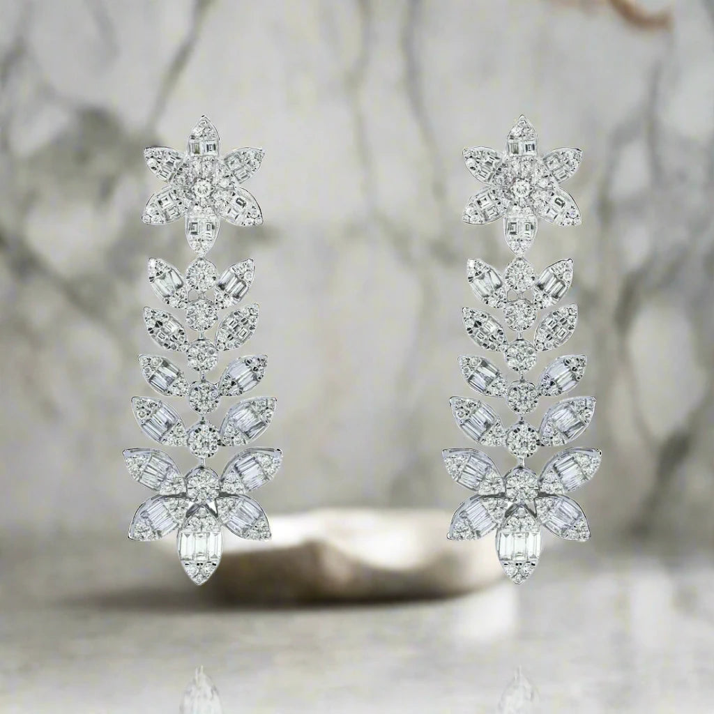 Gwynne Carats Baguette and Round Diamond Flower Drop Earrings in