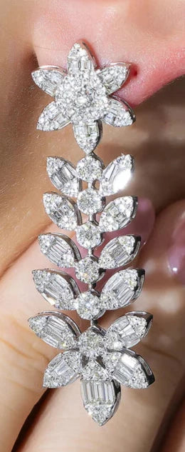 Gwynne 5 Carats Baguette and Round Diamond Flower Drop Earrings in 14K White Gold Wear