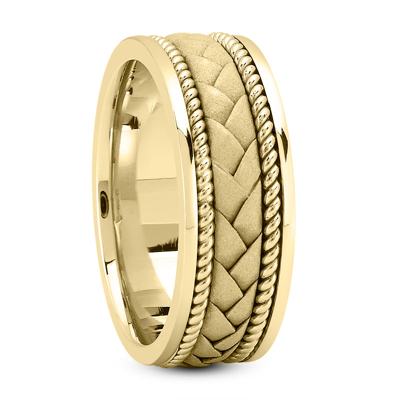 Braided Center with Rope Border Men's Wedding Ring in 18k Yellow Gold