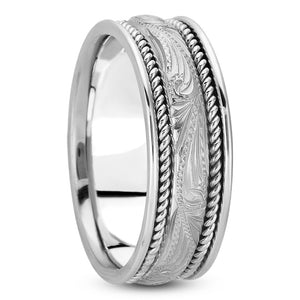 Beau Men's Wedding Ring Carved Set in 14k White Gold