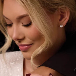 Isella 2 Carat and 2.50 Carat Round Cut Diamond Stud Earrings in 14k White Gold On Model