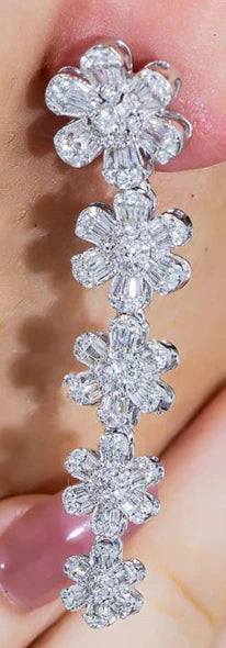 Katniss 2 Carats Round and Baguette Diamond Flower Vine Drop Earrings in 14K White Gold Wear