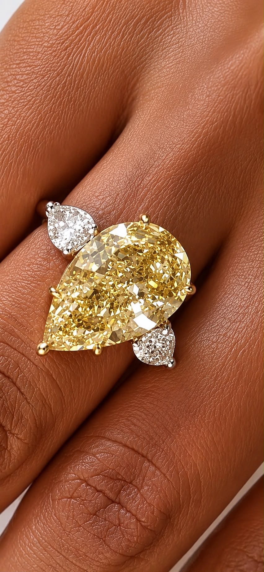 Kiora 6.70 Carats Fancy Yellow Pear Shape Diamond Ring in Platinum and 18k Yellow Gold
