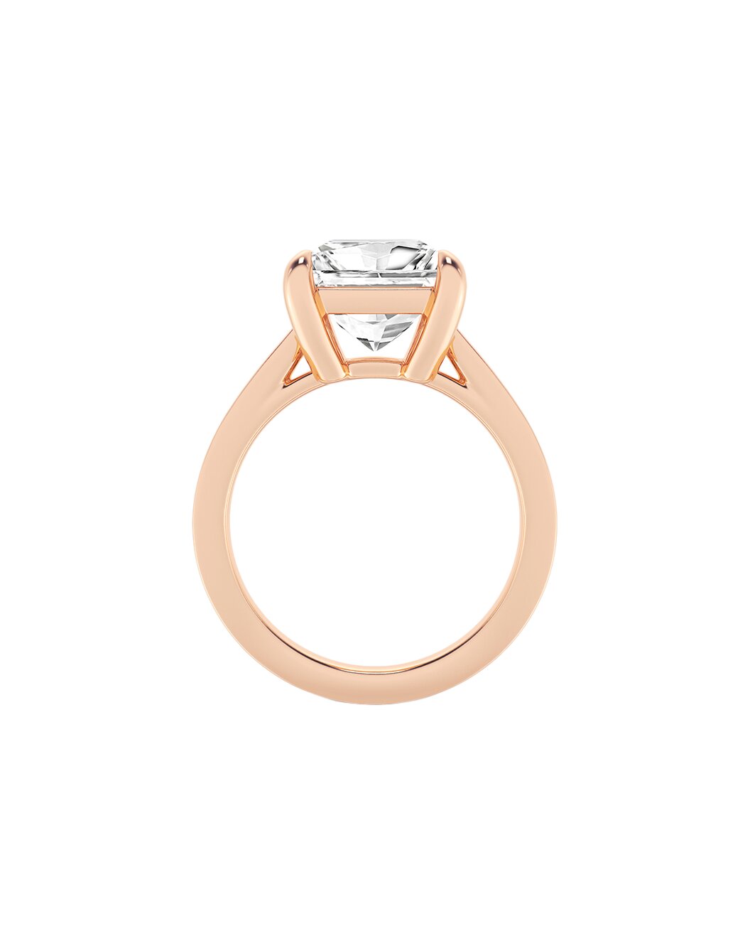 Rose gold ring with a clear diamond on a white background