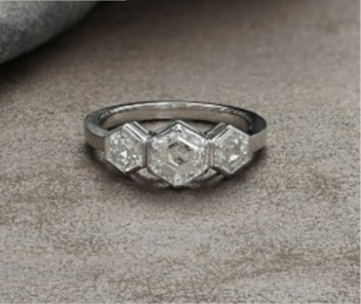 Lauran 2 Carat Hexagon Cut Lab Grown Diamond Three Stone Ring Original BG