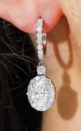 Lavon 5 Carats Oval Cut Halo Lab Grown Round Diamond Drop Earrings in 18K White Gold Wear
