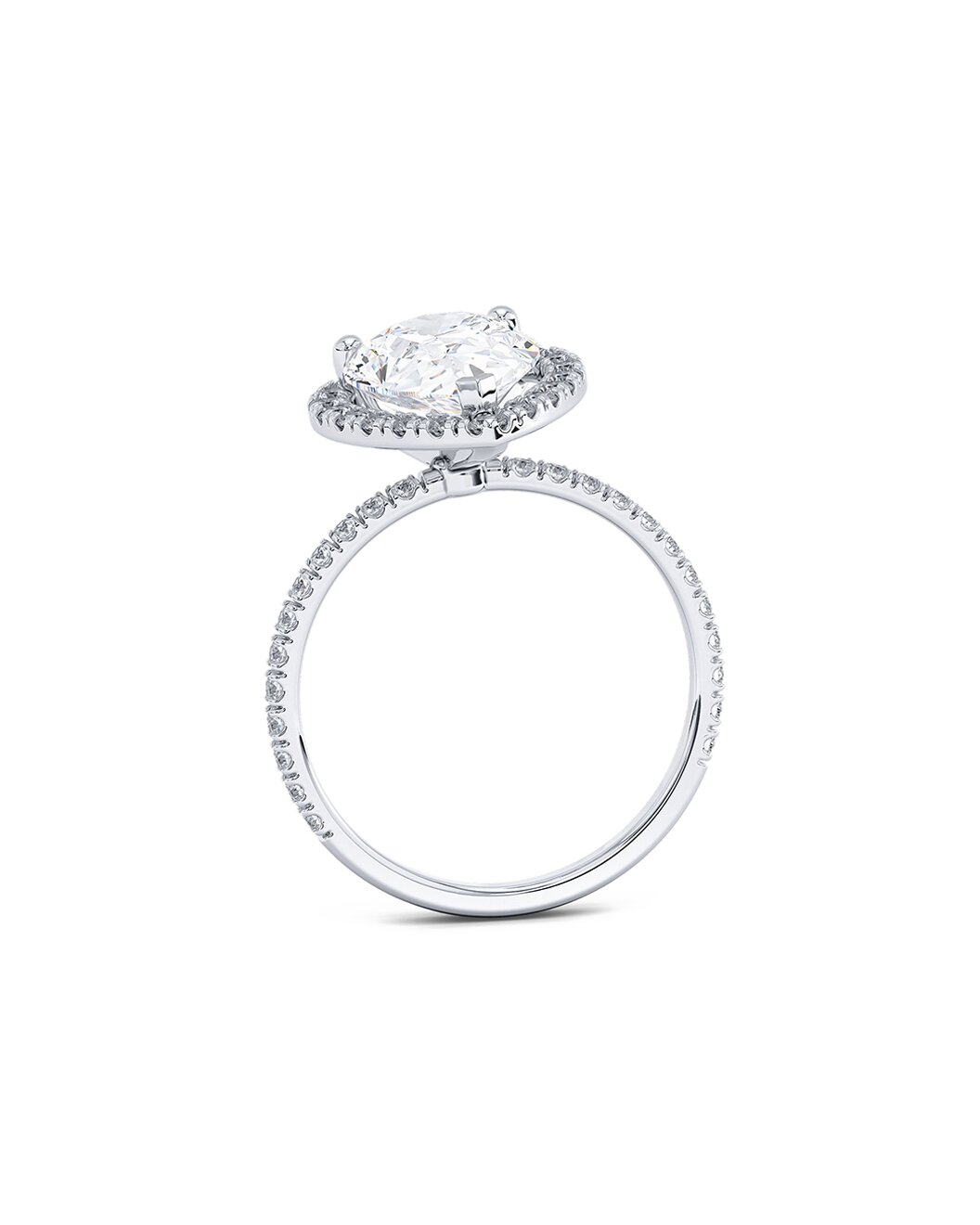 Diamond ring with a pear-shaped center stone on a white background