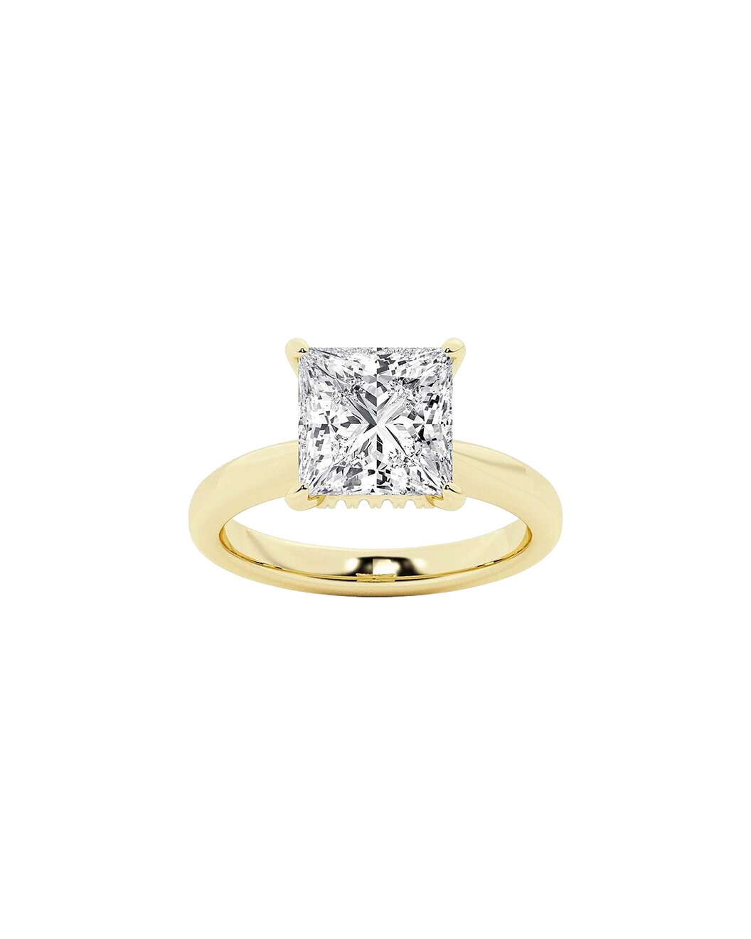 Gold ring with a princess diamond on a white background