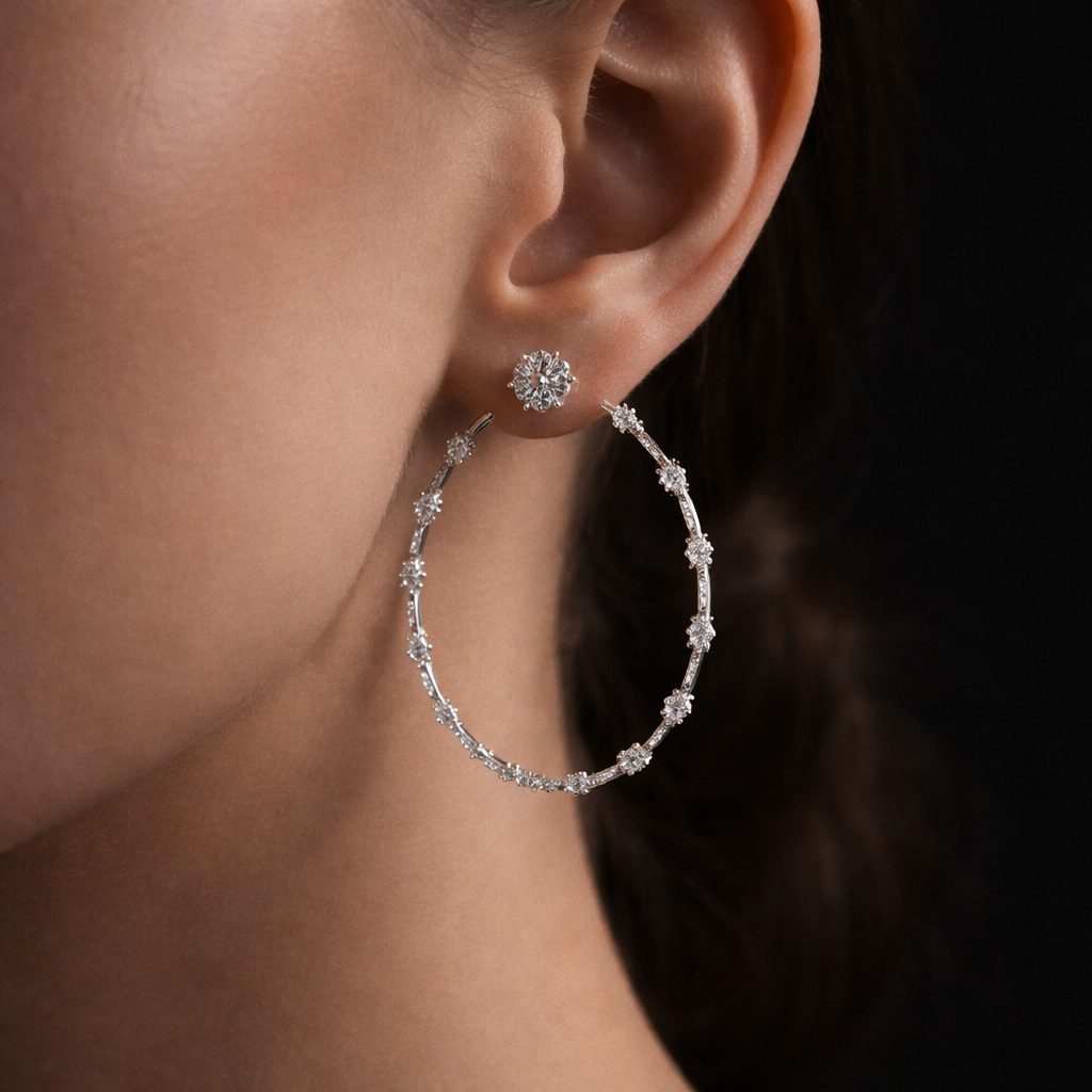 Leverne 3 Carats Front Facing Lab Grown Diamond Droplet Hoop Earrings in 14k White Gold On Ear