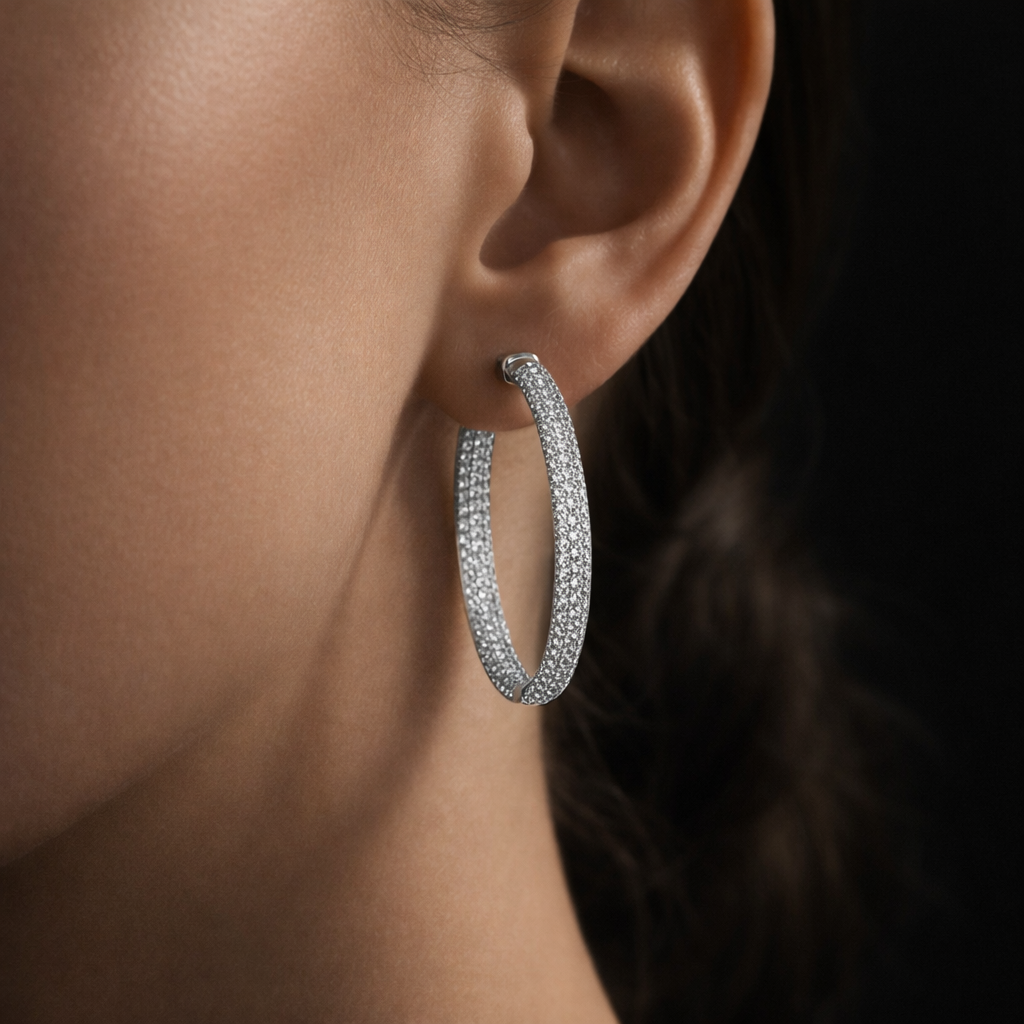 Leveta 4 Carats Triple Row Lab Grown Round Diamond Inside Out Hoop Earrings in 14k White Gold On Ear