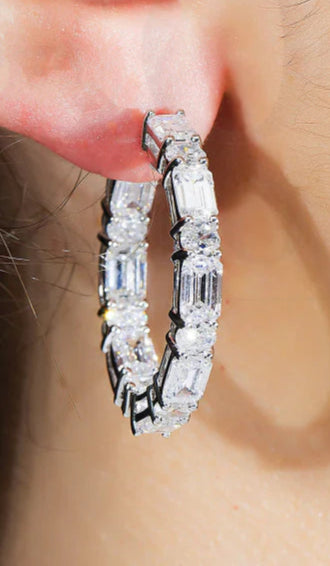 Lexy 12 Carats Lab Grown Round & Emerald Cut Diamond Inside Out Hoop Earrings in 14k White Gold Wear