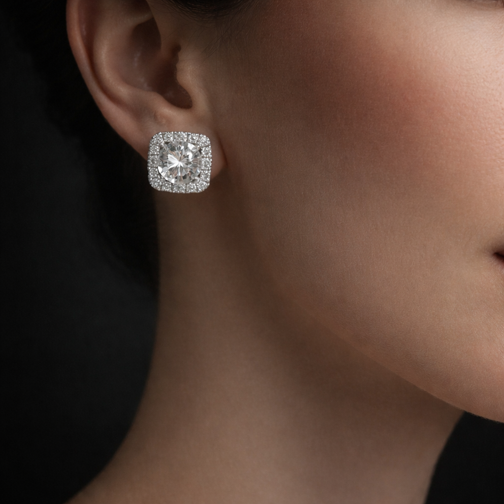 Lillias 1 Carats Lab Grown Square Shape Round Cut Cluster Diamond Stud Earrings in 18K White Gold