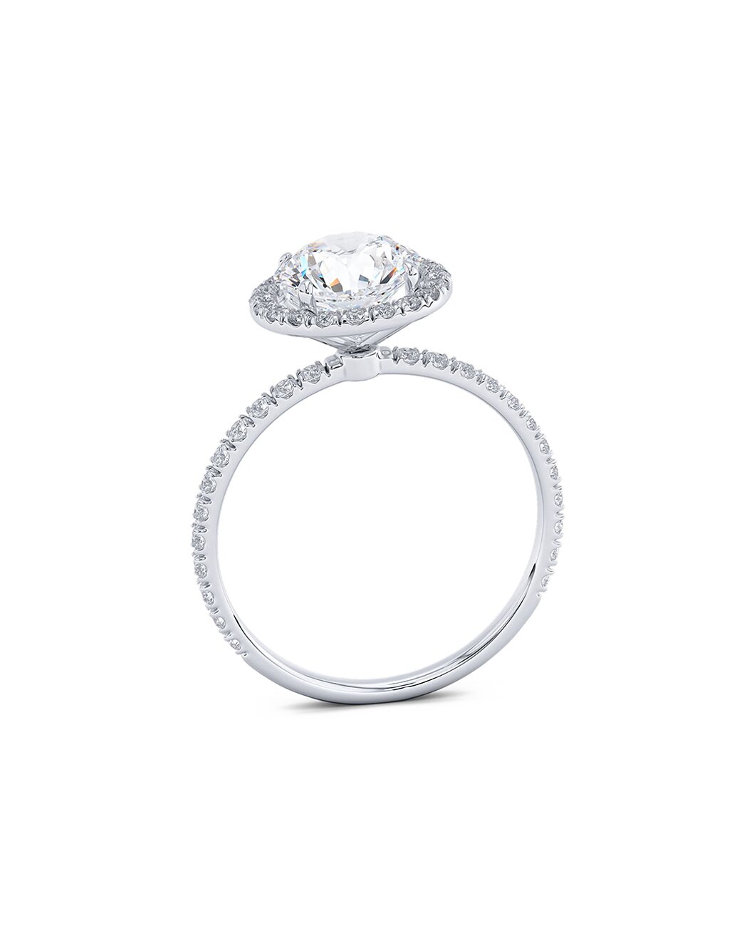 Diamond ring with a halo-style setting on a white background