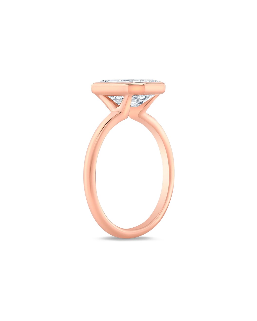 Rose gold ring with a diamond on a white background