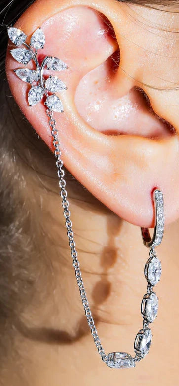 Lonnie 6 Carats Reversable Vine Climber Cut Lab Grown Diamond Drop Earrings in 18K White Gold Wearing