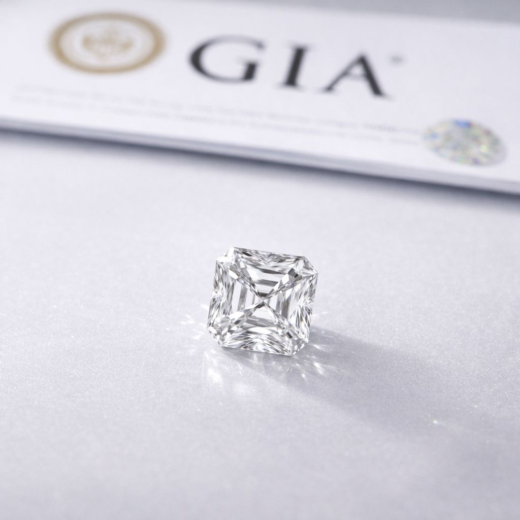 Asscher-cut diamond on a GIA branded background