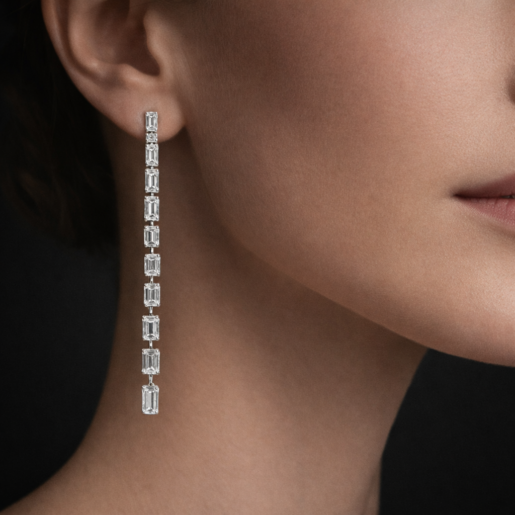 Luan 14 Carats Emerald Cut Lab Grown Diamond Graduated Drop Earrings in 14K White Gold