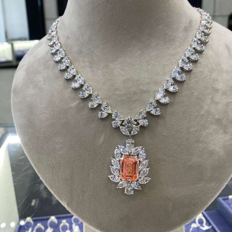 Lumielle 75 Carat Combine Mix Shape Lab Grown Pink Diamond Necklace in 14k White Gold IGI Certified Front