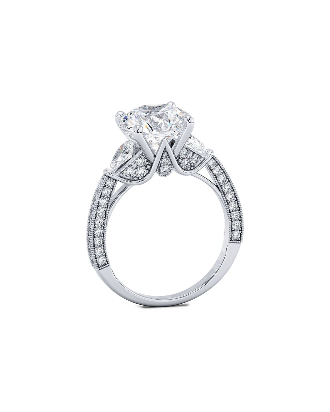Diamond ring with a central gemstone and smaller diamonds on a white background