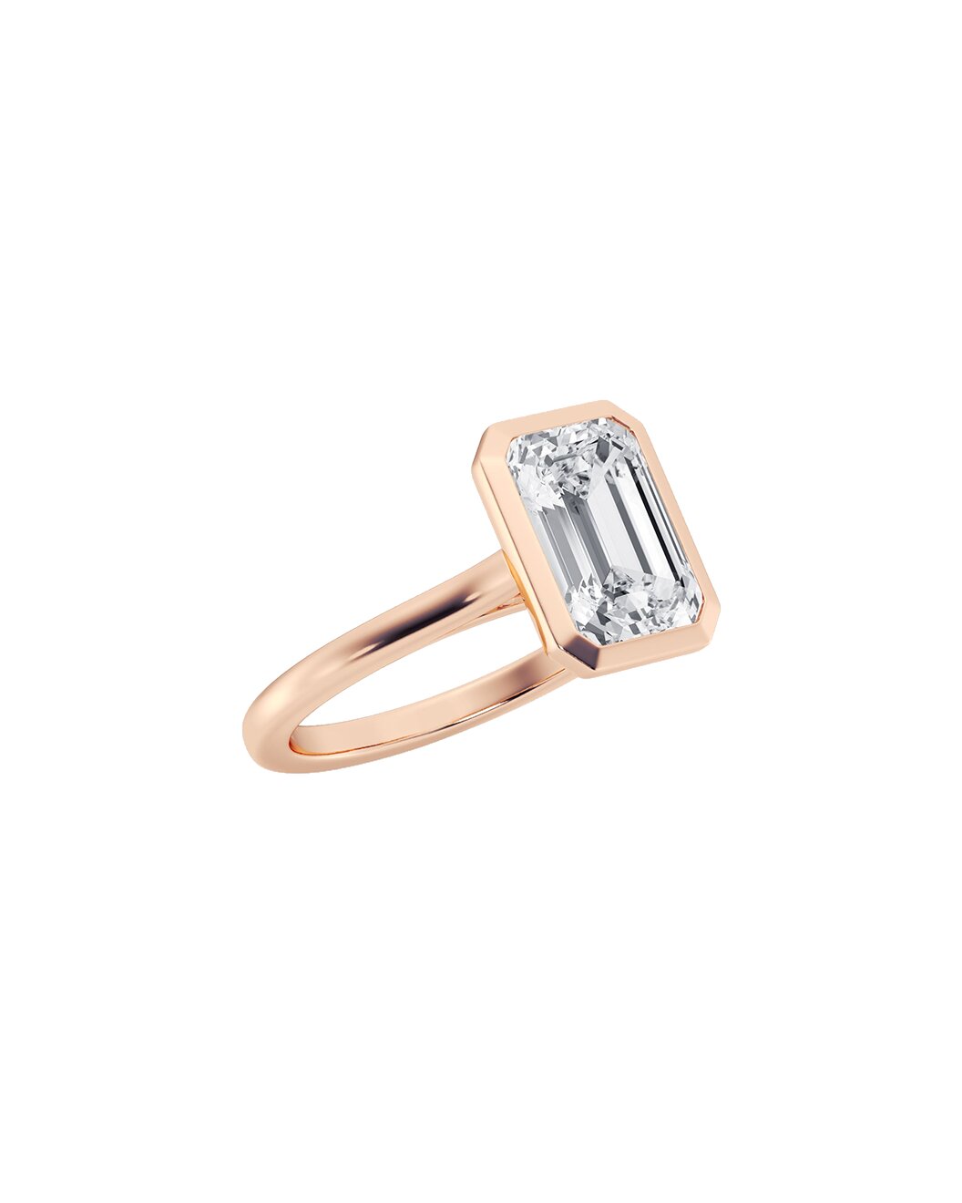 Rose gold ring with a rectangular diamond on a white background