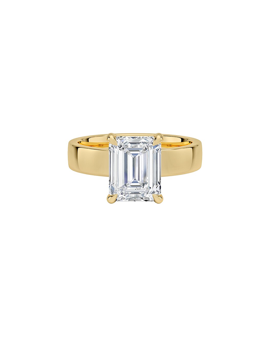 Gold ring with a large emerald-cut diamond on a white background