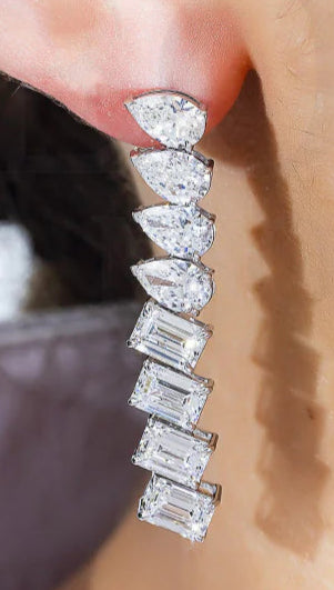 Lyndee 14 Carats Pear & Emerald Cut Lab Grown Diamond Drop Earrings in 14K White Gold Wear