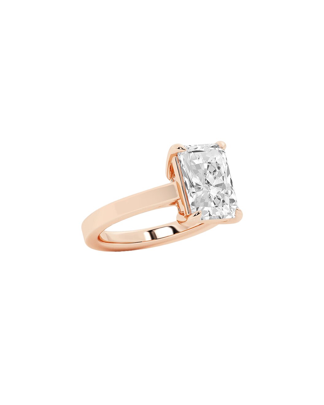 Rose gold ring with a large diamond on a white background